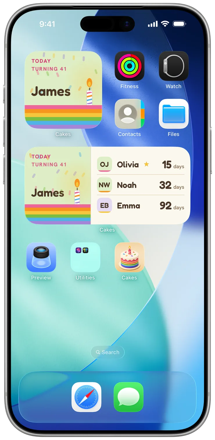 Cakes widgets on a Home Screen, counting down to the next birthdays