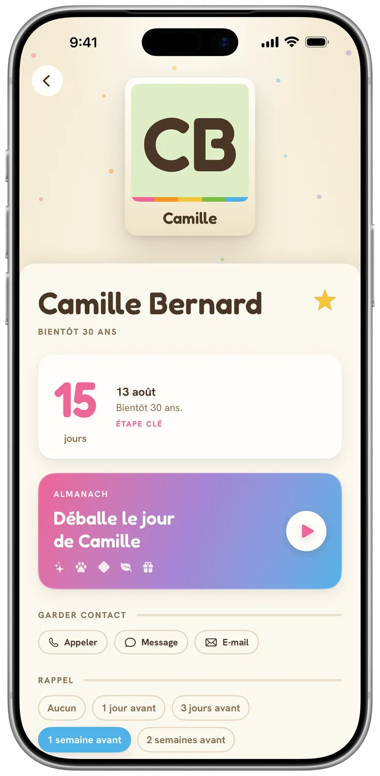 La page d'une personne dans Cakes avec un grand compte à rebours des jours restants