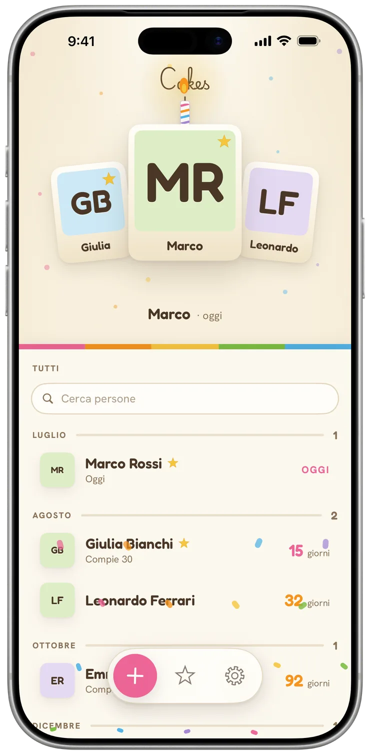 La schermata principale di Cakes: i prossimi tre compleanni come cartoline su una mensola color crema, con tutti gli altri in lista sotto