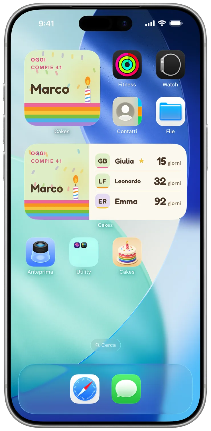 Widget di Cakes su una schermata Home, con il conto alla rovescia dei prossimi compleanni