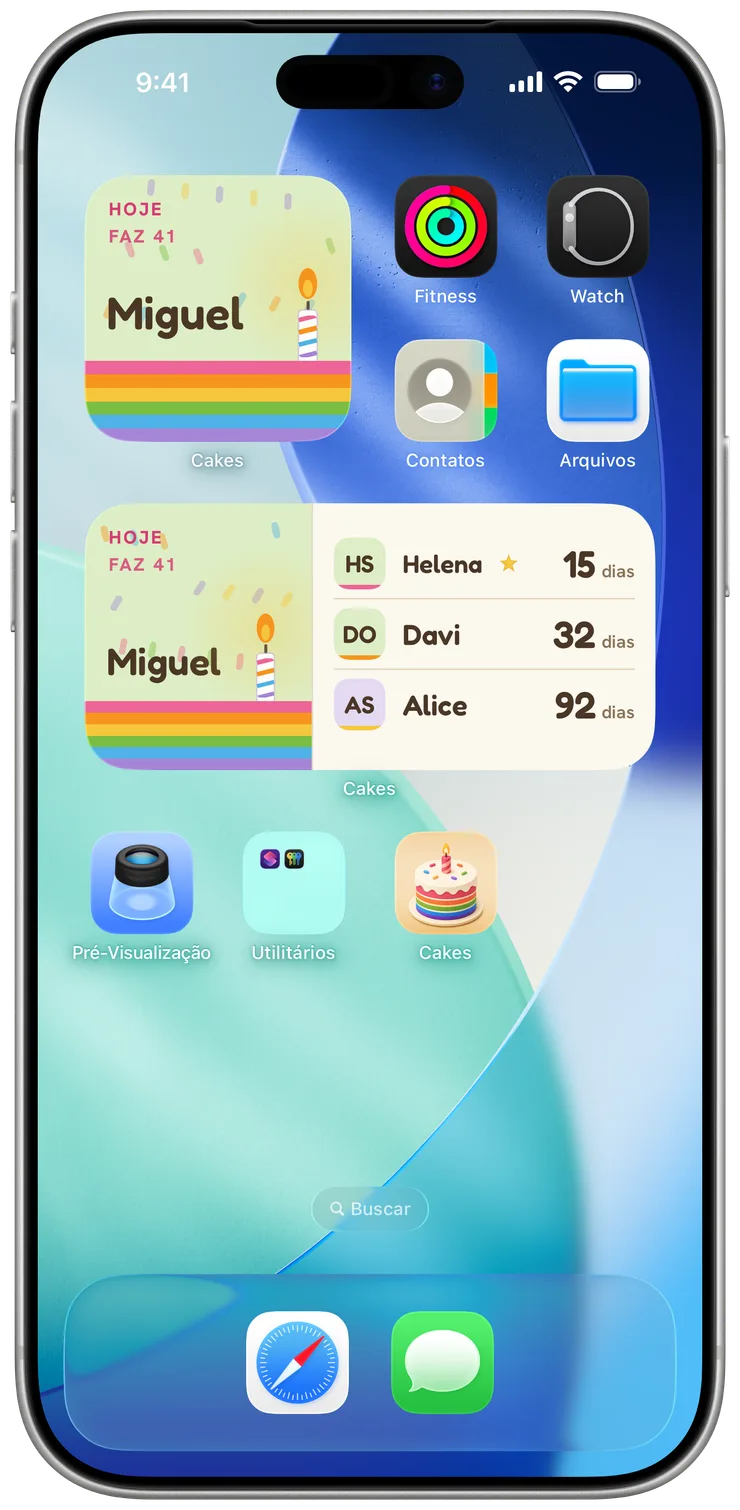 Widgets do Cakes em uma Tela de Início, contando os dias para os próximos aniversários